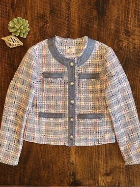 Loft | Pastel Tweed Lady Jacket with Denim Trim, Size S